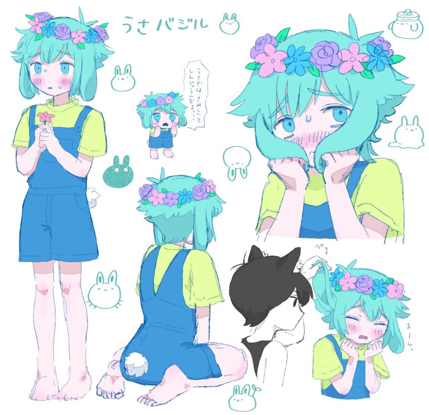 2boys animal_ears barefoot basil_(headspace)_(omori) basil_(omori) black_eyes black_hair blue_overalls bug_bunny_(omori) cat_boy cat_ears colored_skin flower forest_bunny?_(omori) forest_bunny_(omori) ghost_bunny_(omori) green_eyes green_hair head_wreath highres holding holding_flower kemonomimi_mode looking_at_viewer male_focus miranosub multiple_boys omori omori_(omori) overall_shorts overalls pancake_bunny_(omori) partially_translated rabbit_boy rabbit_ears rabbit_tail short_hair sitting slime_bunny_(omori) speech_bubble sprout_bunny_(omori) standing tail translation_request wariza white_skin
