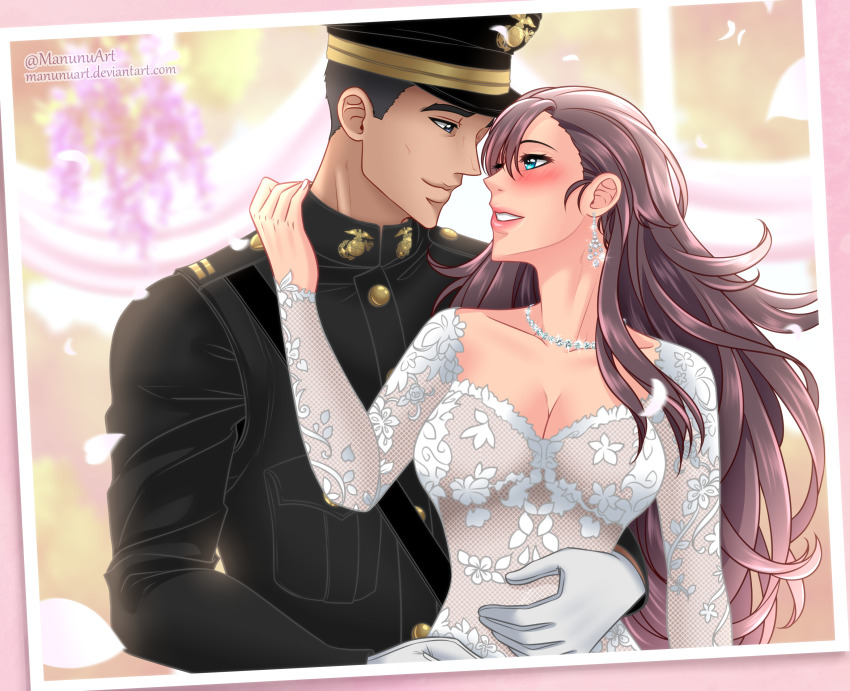 1boy 1girl absurdres arizona_(azur_lane) azur_lane breasts cleavage commentary dress earrings english_commentary highres jewelry looking_at_viewer manunu_art medium_breasts military_dress_uniform military_uniform photo_(object) united_states_marine_corps upper_body wedding_dress white_dress