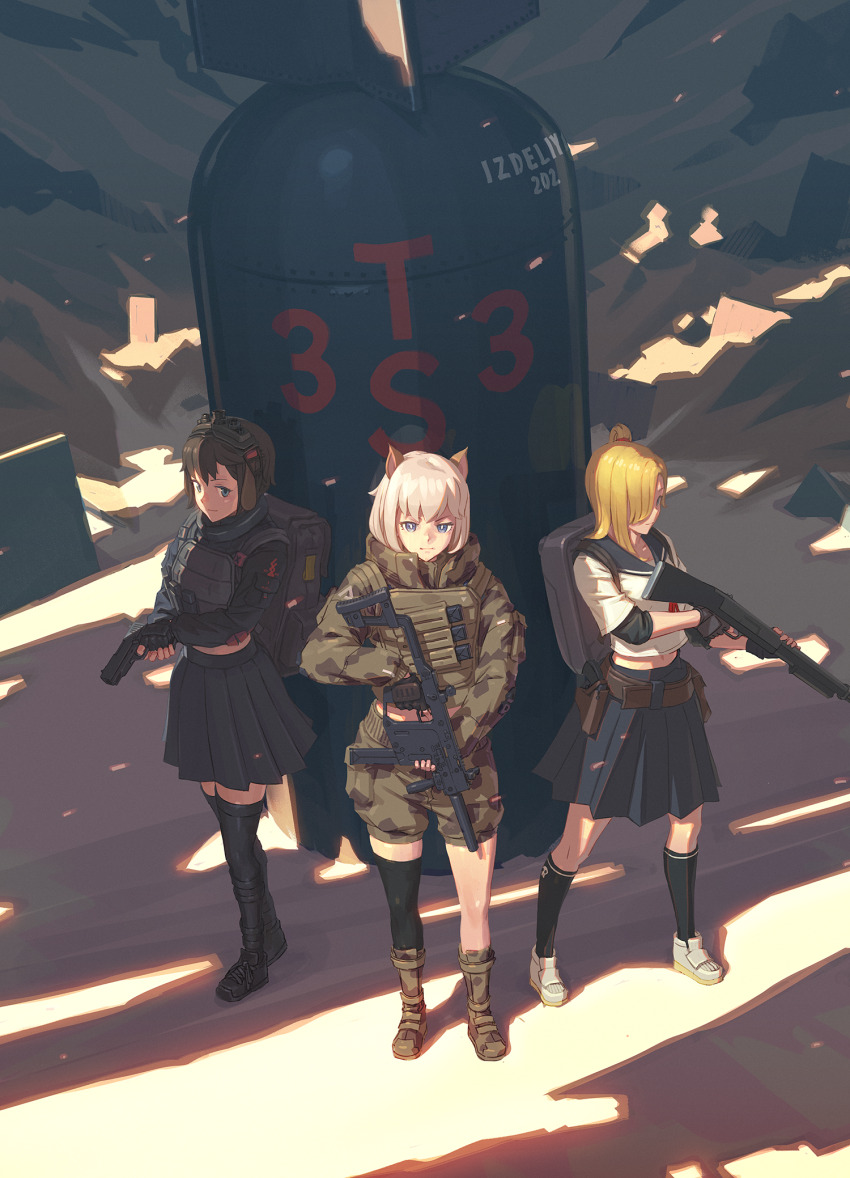 1girl 3girls backpack bag black_socks black_thighhighs blonde_hair blue_eyes bomb boots brown_hair bulletproof_vest collarbone collection crop_top crop_top_overhang explosive grey_hair gun handgun high_side_ponytail highres kriss_vector long_hair medium_hair midriff_peek multiple_girls muranomiro navel night_vision_device original pleated_skirt sailor_collar school_uniform serafuku shirt short_hair short_sleeves shorts shotgun single_thighhigh skirt socks standing stomach submachine_gun thighhighs weapon white_shirt zettai_ryouiki