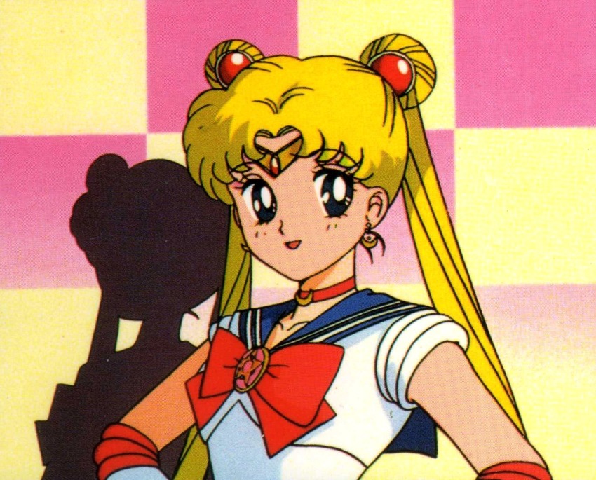1990s_(style) 1girl bishoujo_senshi_sailor_moon bishoujo_senshi_sailor_moon_r blue_sailor_collar checkered_background choker crescent crescent_choker crescent_earrings earrings elbow_gloves gloves jewelry magazine_scan magical_girl middle_part official_art open_mouth red_choker retro_artstyle sailor_collar sailor_moon sailor_senshi_uniform scan shadow smile solo tsukino_usagi upper_body