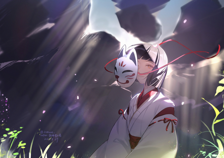 1girl black_hair closed_mouth commentary_request detached_sleeves fox_mask genshin_impact hakama hakama_skirt hanachirusato_(genshin_impact) highres japanese_clothes long_sleeves looking_at_viewer mask unworn_mask medium_hair miko petals red_hakama ribbon rokuon skirt smile solo twitter_username yellow_eyes