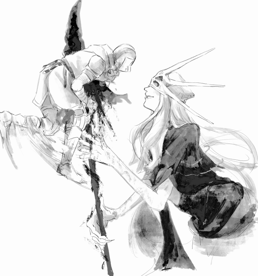 1boy 1other absurdres aldrich_devourer_of_gods ambiguous_gender armor armored_boots ashen_one_(dark_souls) belt blood boots covered_eyes dark_souls_(series) dark_souls_iii dark_sun_gwyndolin dress full_armor grin helm helmet highres holding holding_scythe impaled layered_dress profile scar scar_on_arm scythe short_sleeves smile spiked_helmet teeth zunkome