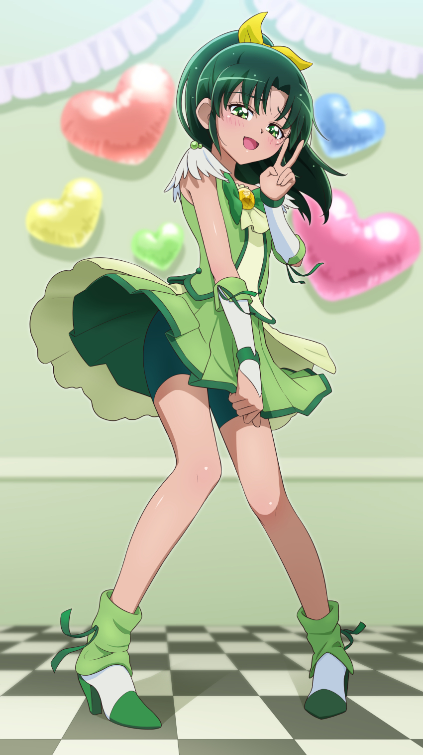 1girl :d absurdres balloon bike_shorts bike_shorts_under_skirt blush boots checkered_floor clothes_lift commentary contrapposto cosplay cure_march cure_march_(cosplay) curtained_hair dress dress_lift embarrassed full_body furrowed_brow green_boots green_dress green_eyes green_hair green_shorts green_theme green_wrist_cuffs hair_ribbon hand_up heart heart_balloon highres indoors long_hair looking_at_viewer magical_girl midorikawa_nao open_mouth ponytail precure ribbon self_cosplay short_dress shorts sleeveless sleeveless_dress smile smile_precure! solo standing tiler_(tiler00) two-tone_wrist_cuffs v white_wrist_cuffs wrist_cuffs yellow_ribbon