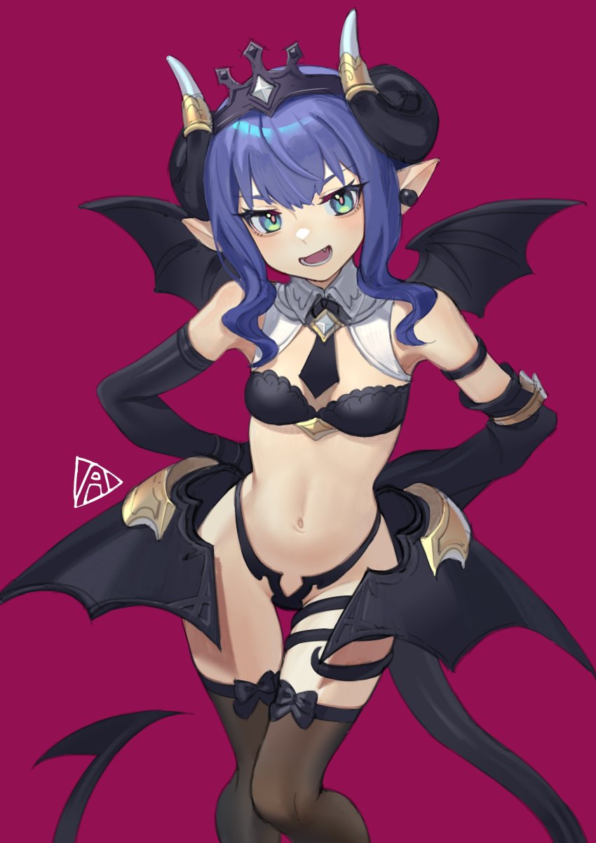 1girl absurdres aqua_eyes asymmetrical_sleeves bandeau black_panties blue_hair blush breasts commentary crown curled_horns demon_girl demon_horns demon_tail demon_wings earrings elbow_gloves gem gloves grey_gemstone highres horns jewelry looking_at_viewer magenta_background medium_hair navel open_mouth original panties pink_background pink_pupils pointy_ears redauto simple_background single_earring small_breasts smile solo symbol-only_commentary tail thigh_bow thigh_gap thighhighs thighs underwear wings
