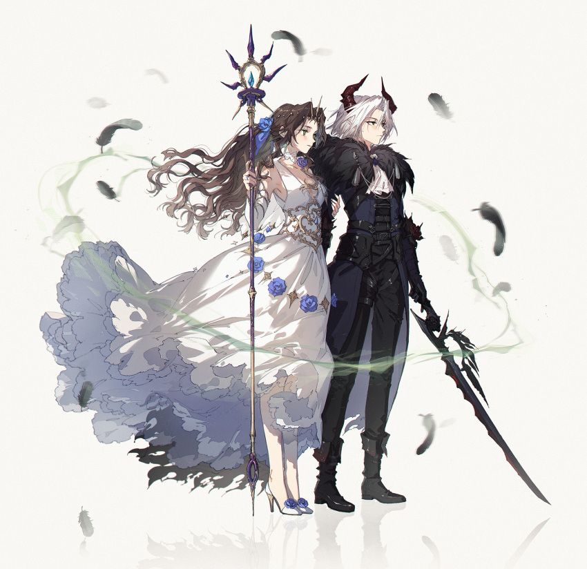 1boy 1girl aerith_gainsborough aerith_gainsborough_(prism_dress) bare_shoulders black_coat black_footwear black_gloves black_pants blue_flower blue_ribbon blue_rose boots breasts choker cleavage coat demon_horns detached_sleeves dress dress_flower falling_feathers feather_trim feathers final_fantasy final_fantasy_vii final_fantasy_vii_ever_crisis final_fantasy_vii_remake flower full_body gloves gold_trim green_eyes hair_between_eyes hair_flower hair_ornament halloween_costume high_heels highres holding holding_another&#039;s_arm holding_staff horns jewelry kieta long_coat long_dress long_hair long_sleeves medium_breasts official_alternate_costume pants parted_bangs plunging_neckline ponytail ribbon ring rose sephiroth sephiroth_(dark_harbinger) sephiroth_(ever_crisis) short_hair staff standing tiara wavy_hair white_choker white_dress white_footwear white_sleeves