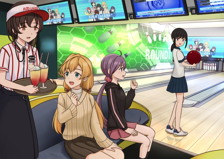 4girls abukuma_(kancolle) abukuma_(round_one)_(kancolle) ahoge akebono_(kancolle) akebono_(round_one)_(kancolle) ark_royal_(kancolle) ark_royal_(round_one)_(kancolle) ball black_hoodie black_sweater blonde_hair blue_eyes blue_skirt bowling_alley bowling_ball brown_hair brown_scrunchie brown_skirt brown_sweater commentary_request drink employee_uniform fubuki_(kancolle) fubuki_(round_one)_(kancolle) grey_hair hitakikan holding holding_ball hood hooded_sweater hoodie kantai_collection long_hair low_twintails multiple_girls orange_eyes pink_skirt pleated_skirt purple_eyes ribbed_sweater round_one scrunchie shirt sitting skirt souya_(kancolle) souya_(round_one)_(kancolle) striped_clothes striped_shirt sweater twintails visor_cap white_shirt