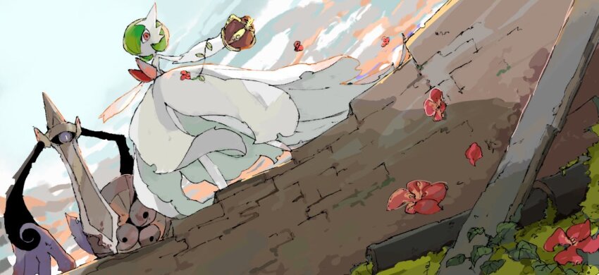 aegislash apios bad_id bad_pixiv_id bob_cut brick_wall crown dress elbow_gloves flower gardevoir gen_3_pokemon gen_6_pokemon gloves green_hair holding holding_crown holding_shield mega_gardevoir mega_pokemon nintendo one-eyed outdoors pink_eyes pink_flower pokemon pokemon_(creature) purple_eyes shield sword weapon white_dress white_gloves