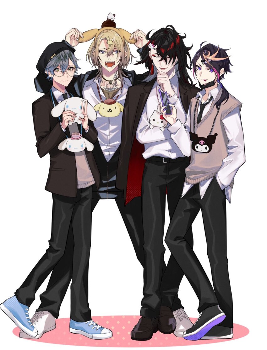 4boys :p animal_ears arms_up beret black_footwear black_hair black_headwear black_jacket black_mask black_necktie black_pants blonde_hair blue_footwear blue_hair brown_sweater_vest brown_vest cellphone character_doll character_hair_ornament chest_tattoo choker cinnamoroll closed_eyes closed_mouth collared_shirt commentary crossed_bangs dog_ears doll dress_shirt earrings english_commentary eyeliner fake_animal_ears fangs fuwa_fuwa_cinnamoroll glasses gradient_hair green_eyes grey_hair hair_between_eyes hair_ornament hairband hairclip hand_in_pocket hand_up hat hello_kitty hello_kitty_(character) highres holding holding_phone ike_eveland jacket jacket_on_shoulders jewelry kuromi lanyard laughing long_hair looking_at_viewer luca_kaneshiro luxiem makeup male_focus mask mask_pull medium_hair mouth_mask muffin_(sanrio) multicolored_hair multiple_boys neck_tattoo necktie nijisanji nijisanji_en onegai_my_melody open_clothes open_jacket open_mouth oyasumi_fuwa_chi_mu pants parted_bangs phone pompompurin purple_eyes purple_hair red_eyeliner red_hair round_eyewear round_teeth sanrio shirt shirt_tucked_in shoes short_hair shu_yamino simple_background single_earring smartphone smile standing streaked_hair sweater_vest swept_bangs tassel tassel_earrings tattoo teeth tongue tongue_out two-sided_fabric two-sided_jacket untucked_shirt vest virtual_youtuber vox_akuma white_background white_footwear white_shirt wing_collar