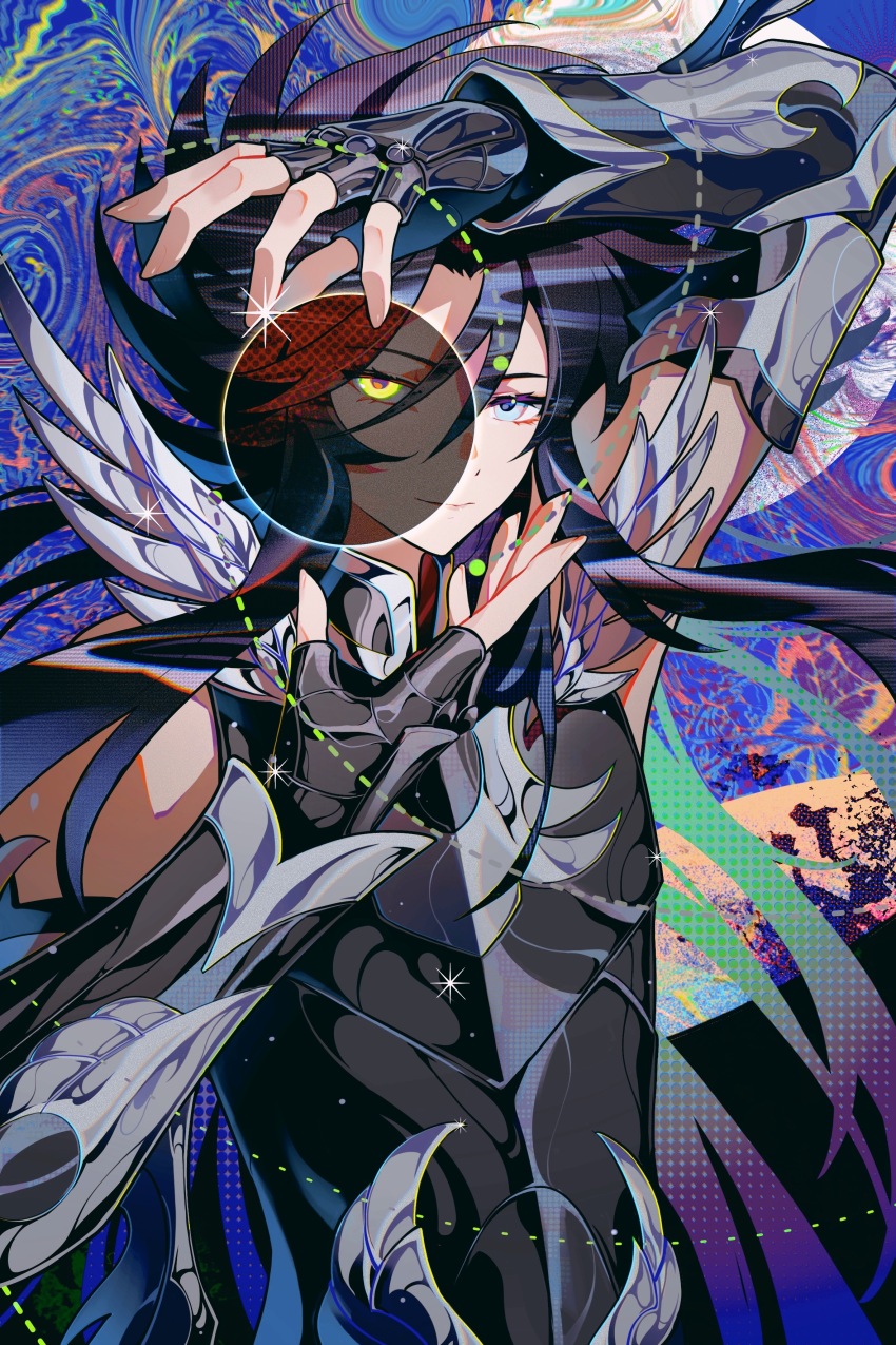1boy abstract_background absurdres androgynous arm_up armor bishounen black_armor black_hair blue_eyes energy_ball eyelashes gauntlets hades_(saint_seiya) hand_up heterochromia highres light_smile long_hair looking_at_viewer male_focus metal_wings powering_up saint_seiya snowflake_(diodarja) solo spiked_hair two-tone_armor upper_body yellow_eyes