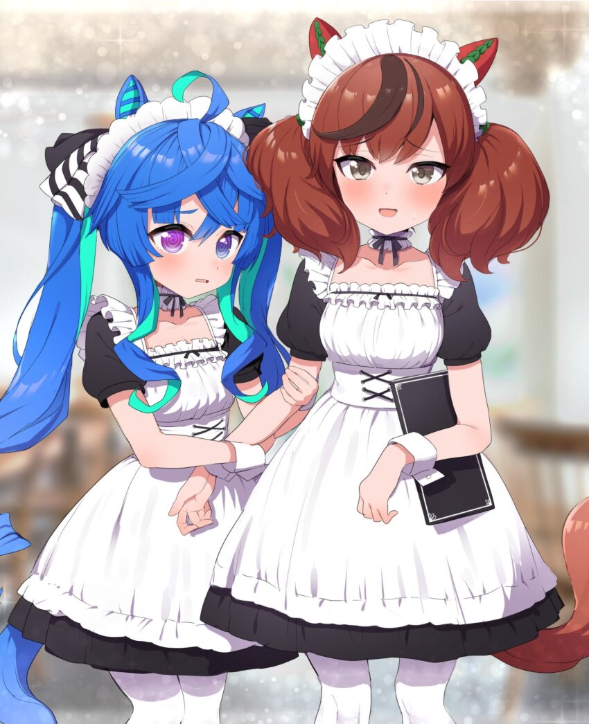 2girls @_@ ahoge alternate_costume animal_ears aqua_hair arm_grab blue_eyes blue_hair blurry blurry_background blush bokeh bow brown_eyes choker commentary cowboy_shot crossed_bangs depth_of_field dress ear_covers enmaided fang frilled_choker frilled_dress frills hair_bow heterochromia highres holding holding_menu horse_ears horse_girl horse_tail indoors long_hair looking_at_viewer maid maid_headdress menu multicolored_hair multiple_girls nice_nature_(umamusume) open_mouth pantyhose puffy_short_sleeves puffy_sleeves purple_eyes raised_eyebrows ransusan red_hair short_sleeves sidelocks streaked_hair striped_bow tail twin_turbo_(umamusume) twintails two-tone_hair umamusume very_long_hair white_pantyhose white_wrist_cuffs wrist_cuffs