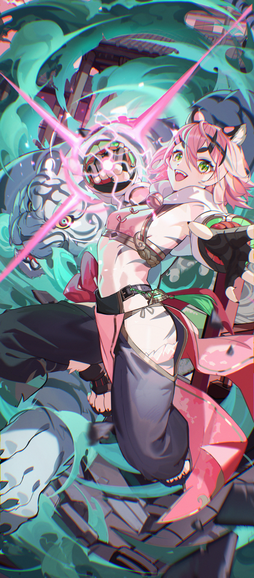 1girl absurdres animal_ears animal_feet architecture armpits bell black_nails breasts chromatic_aberration clenched_hand cowlick double-parted_bangs east_asian_architecture energy energy_ball fangs fingerless_gloves gloves green_eyes hair_between_eyes highres hip_vent incoming_attack incoming_punch lanzen_wu navel neck_bell open_mouth original pelvic_curtain pink_hair punching sandals short_hair slit_pupils small_breasts stomach tiger tiger_stripes white_tiger