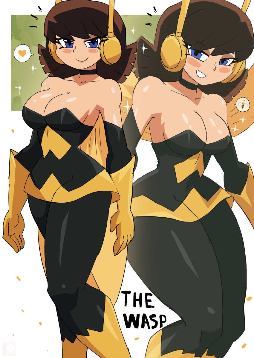 1girl absurdres avengers_(series) bee_wings black_pantyhose blue_eyes blush boots breasts brown_hair choker cleavage collarbone dress gloves grin headset heart highres insect_wings janet_van_dyne large_breasts looking_at_viewer marvel pantyhose short_hair smile sparkle speech_bubble spoken_animal spoken_bee spoken_heart standing strapless strapless_dress superhero_costume teeth the_avengers:_earth&#039;s_mightiest_heroes! thick_thighs thighs tony_welt wasp_(marvel) white_background wings yellow_dress yellow_footwear yellow_gloves