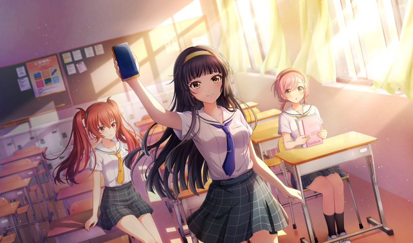 3girls agatsuma_sora black_hair black_socks blue_necktie blunt_bangs blurry bulletin_board chair chalkboard cinderella_series classroom closed_mouth curtains depth_of_field desk dutch_angle film_grain game_cg grey_skirt hachigatsu_no_cinderella_nine hairband highres holding holding_notebook indoors light_brown_hair light_rays long_hair low_twintails multiple_girls necktie non-web_source notebook official_art on_chair on_desk parted_lips pink_hair plaid_clothes plaid_skirt pleated_skirt red_eyes red_hair sailor_collar sakurada_chiyo satogahama_school_uniform school_chair school_desk school_uniform serafuku shirt shoes short_sleeves sitting skirt smile sneakers socks standing summer_uniform sunbeam sunlight tsukishima_yui_(hachigatsu_no_cinderella_nine) twintails white_sailor_collar white_shirt white_shoes window yellow_eyes yellow_hairband yellow_necktie