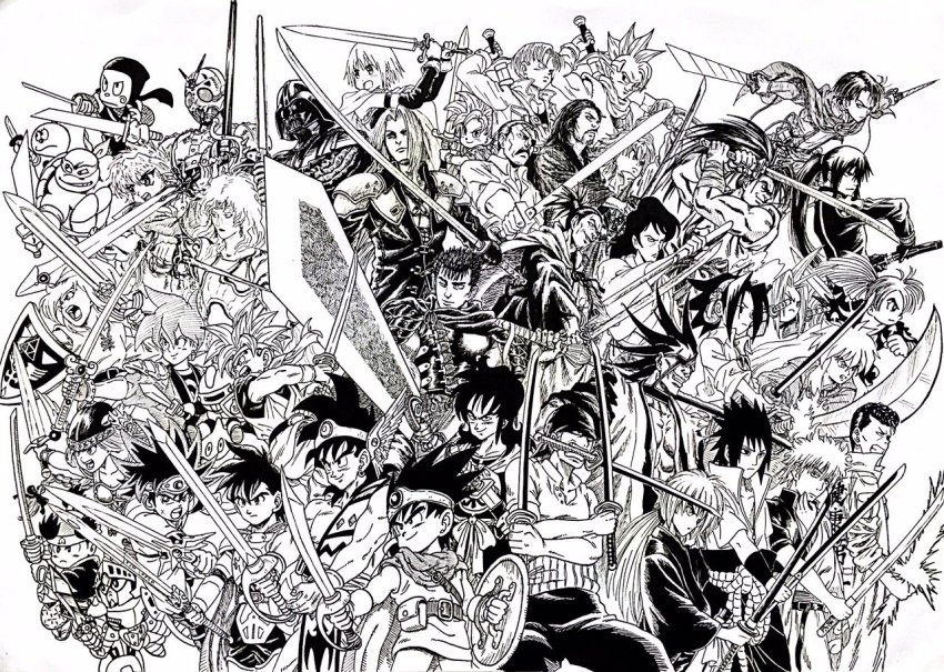 10s 3girls 6+boys abel_(dq) amano_yoshitaka_(style) amidamaru animal_ears annotated armor arus_(dragon_quest) asakura_yoh atomic_samurai berserk bleach braid broadsword broken broken_sword broken_weapon cape cecil_harvey chrono_trigger circlet crono_(chrono_trigger) crossover d.gray-man dai_(dragon_quest) darth_vader dog_ears dororo_(tezuka) dragon_ball dragon_quest dragon_quest_dai_no_daibouken dragon_quest_emblem_of_roto dragon_quest_iii dragon_quest_roto_no_monshou dragon_quest_v dragon_quest_yuusha_abel_densetsu dragonball_z dragonslayer_(sword) dual_wielding energy_sword eyepatch facial_hair final_fantasy final_fantasy_iv final_fantasy_vii fullmetal_alchemist gintama greatsword greyscale gundam guts_(berserk) haoumaru hattori_kanzou helmet himura_kenshin holding holding_sword holding_weapon huge_weapon hyakkimaru_(dororo) ink_(medium) inuyasha inuyasha_(character) ishikawa_goemon_xiii kamen_rider kamen_rider_black_(series) kanda_yuu katana king_bradley kiteretsu_daihyakka knight_gundam korosuke kuwabara_kazuma lee_(dragon_garou) leonardo_(tmnt) levi_(shingeki_no_kyojin) lightsaber link long_hair lupin_iii magic_knight_rayearth mahou_shoujo_madoka_magica mahou_shoujo_madoka_magica_(anime) master_sword meliodas miki_sayaka miki_sayaka_(magical_girl) miyamoto_musashi momotarou_(character) momotarou_densetsu monochrome mouth_hold multiple_boys multiple_crossover multiple_girls muscular mustache nanatsu_no_taizai naruto naruto_(series) ninja_hattori-kun nintendo one-punch_man one_eye_closed one_piece ootachi over_shoulder ponytail rex_(dq5) robot roronoa_zoro roto_(dq3) rurouni_kenshin saber_(weapon) sakata_gintoki samurai_spirits satan_saber sd_gundam sengoku_manjimaru sephiroth shadow_moon shaman_king sheath shidou_hikaru shield shingeki_no_kyojin slime_knight spiked_hair star_wars stubble sword sword_over_shoulder tapion teenage_mutant_ninja_turtles tengai_makyou tengai_makyou_ii tetsusaiga the_legend_of_zelda three-dimensional_maneuver_gear traditional_media trait_connection triple_wielding trunks_(dragon_ball) trunks_(future)_(dragon_ball) turtle two-handed uchiha_sasuke unsheathing vagabond valkyrie_(vnd) valkyrie_no_densetsu weapon weapon_over_shoulder winged_helmet yamcha yuu_yuu_hakusho zaraki_kenpachi