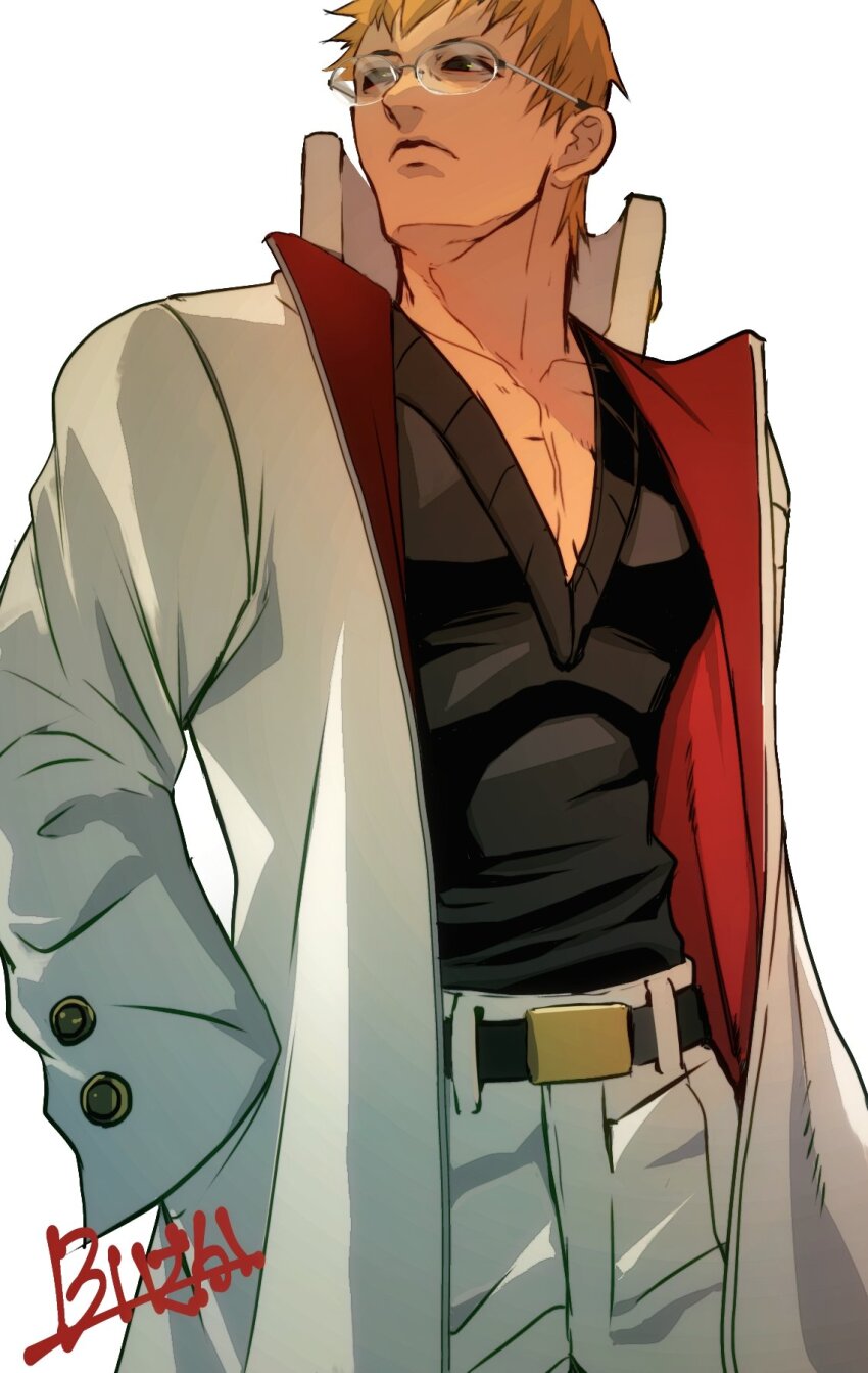 1boy belt belt_buckle black_belt black_sweater_vest buckle burning_isaka buttoned_cuffs buttons closed_mouth coat collarbone collared_coat commentary glasses hand_in_pocket high_collar highres justice_gakuen kagami_kyousuke long_coat long_sleeves looking_to_the_side male_focus orange_hair pants rimless_eyewear short_hair signature simple_background solo sweater_vest two-sided_coat two-sided_fabric v-neck white_background white_coat white_pants