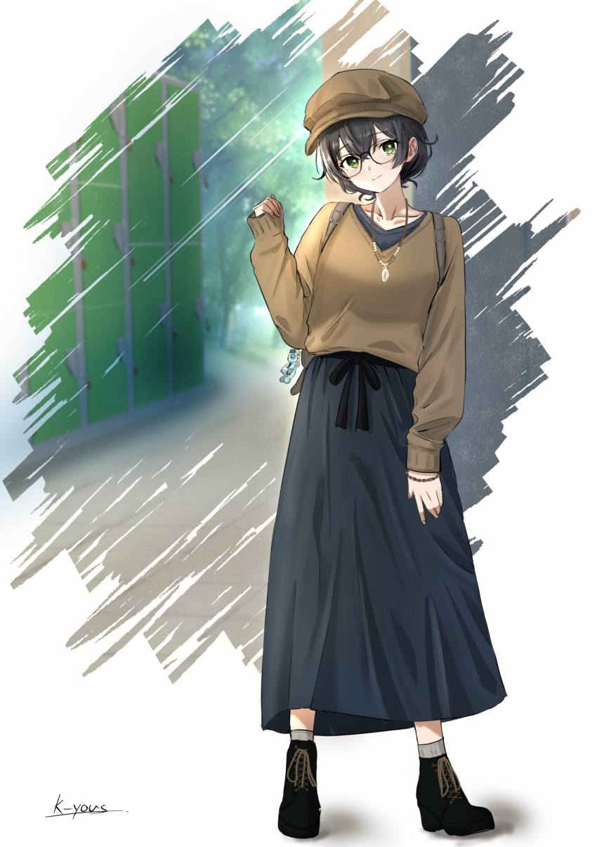 1girl backpack bag black-framed_eyewear black_hair black_skirt boots brown_shirt brown_sweater cabbie_hat casual charm_(object) closed_mouth collarbone full_body glasses green_eyes grey_socks hair_between_eyes hanakuma_chifuyu hand_up hat highres jewelry k-yous long_skirt long_sleeves looking_at_viewer necklace outdoors round_eyewear shirt short_hair signature skirt sleeves_past_wrists smile socks solo standing sweater synthesizer_v white_socks