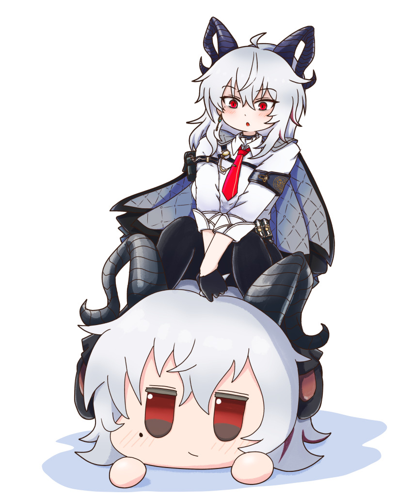 1girl :o absurdres ahoge arm_pouch armband black_armband black_horns black_jacket black_pants black_pouch blush breasts collared_shirt commentary curled_horns dual_persona earrings english_commentary grey_hair highres horns jacket jacket_on_shoulders jewelry key_earrings large_breasts long_hair mole mole_under_eye multicolored_hair necktie nekonadelman open_mouth pants red_eyes red_necktie remnant_cube_(wuthering_waves) riding shirt simple_background solo streaked_hair white_background white_shirt wuthering_waves zani_(wuthering_waves)