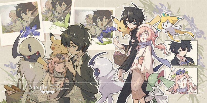 1boy 1other 2girls :3 :d absol black_hair black_jacket black_pants blue_eyes blue_flower braid brown_skirt colored_skin commission demon_horns floating flower full_body gen_1_pokemon gen_3_pokemon green_hair hat highres horns jacket jirachi kirlia legendary_pokemon looking_at_another looking_at_viewer mane multiple_girls multiple_views mythical_pokemon nintendo open_mouth pants photo_(object) pikachu pink_hair pointy_ears pokemon pokemon_(creature) purple_scarf red_eyes robinlovesop scarf shirt simple_background single_braid single_horn skirt sleeping smile standing twintails white_fur white_hat white_shirt white_skin yellow_background yellow_fur