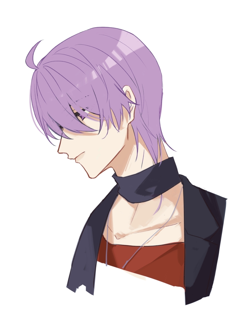1boy absurdres ahoge black_choker black_jacket choker closed_mouth collarbone cropped_arms cropped_torso expressionless giulio_di_bondone hair_over_eyes highres jacket jewelry looking_down lucky_dog_1 male_focus mohexi459 necklace profile purple_eyes purple_hair red_shirt shirt short_hair simple_background solo white_background