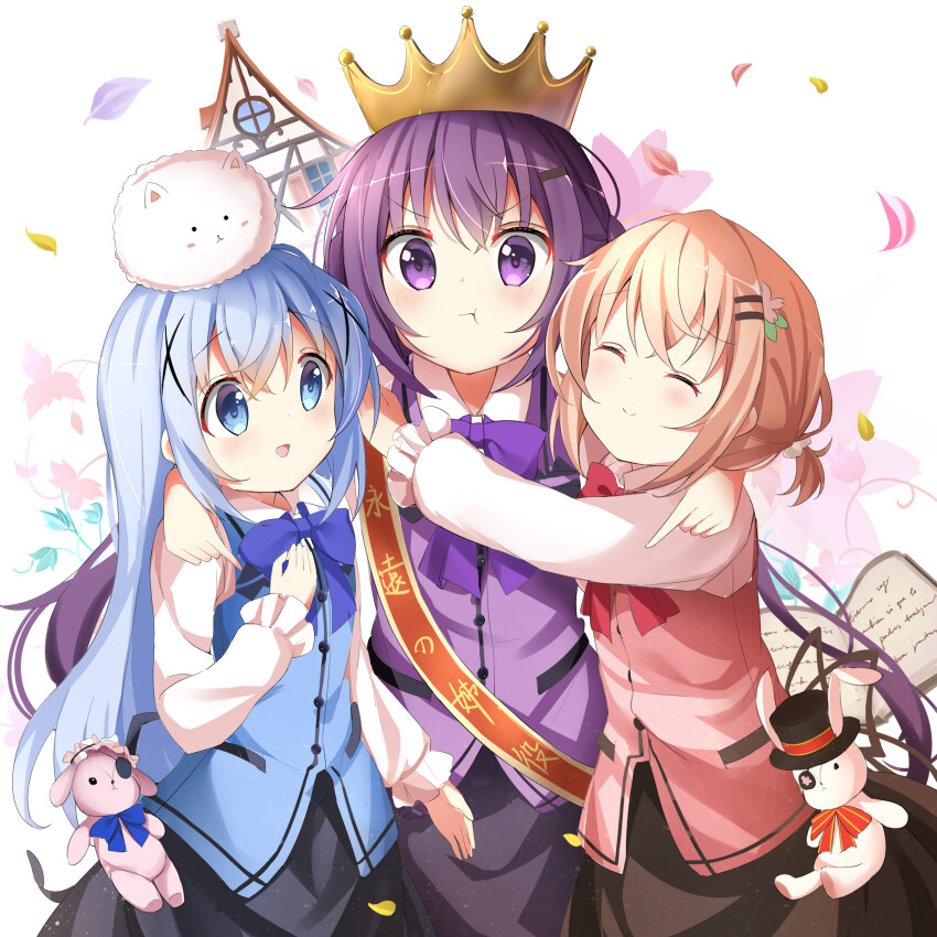 3girls :d :t absurdres angora_rabbit animal animal_on_head arm_around_neck black_skirt blue_bow blue_eyes blue_hair blue_vest blush book bow brown_hair brown_skirt building closed_eyes closed_mouth collared_shirt commentary_request crown employee_uniform girl_sandwich gochuumon_wa_usagi_desu_ka? hair_ornament highres hoto_cocoa kafuu_chino long_hair long_sleeves multiple_girls on_head open_book open_mouth petals pink_vest pout puffy_long_sleeves puffy_sleeves purple_bow purple_eyes purple_hair purple_vest rabbit rabbit_house_uniform red_bow sandwiched shirt skirt smile stick_jitb stuffed_animal stuffed_rabbit stuffed_toy tedeza_rize very_long_hair vest waitress white_background white_shirt window x_hair_ornament