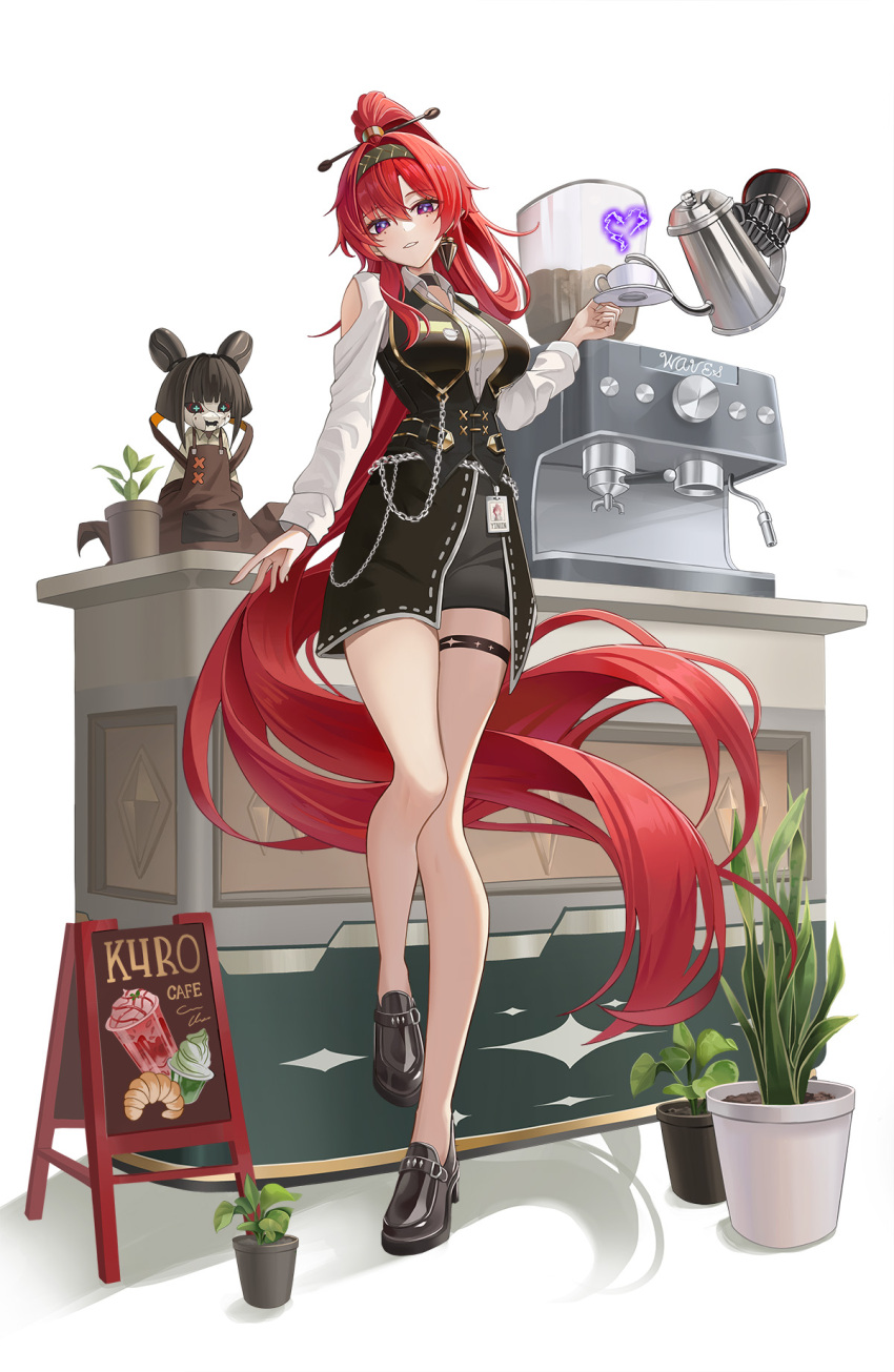 1girl absurdly_long_hair alternate_costume bare_legs black_dress black_eyes black_footwear black_hair blanc_(blanc97) blue_pupils breasts bright_pupils cafe circle_facial_mark clothing_cutout collared_shirt commentary cup disembodied_hand dress earrings espresso_machine facial_mark hair_between_eyes hair_ornament hairpin high_ponytail highres holding holding_plate jewelry katsuyamamage large_breasts long_hair looking_at_viewer mark_under_both_eyes mechanical_hands parted_lips plate pointy_ears ponytail purple_eyes red_hair shirt shoulder_cutout smile standing standing_on_one_leg thigh_strap very_long_hair white_pupils white_shirt wuthering_waves yinlin_(wuthering_waves) zapstring_(wuthering_waves)