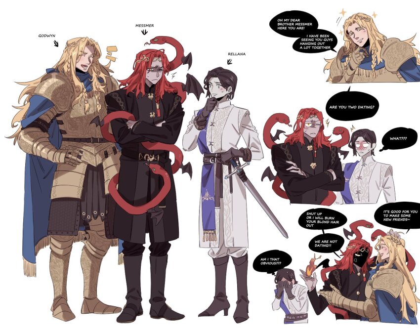 armor black_hair blonde_hair blush boots cape coat covering_face crossed_arms elden_ring elden_ring:_shadow_of_the_erdtree english_text gloves godwyn_the_golden hand_on_own_face highres laurel_crown long_hair messmer_the_impaler nozakikotaro4 plate_armor red_hair rellana_twin_moon_knight short_hair snake sparkle sweat sword weapon white_background