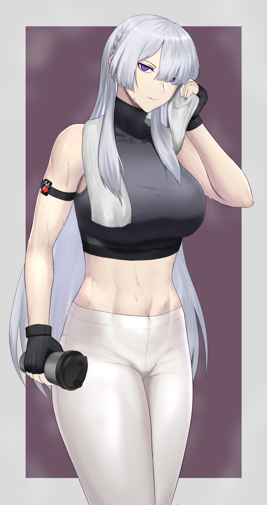 1girl absurdres ak-15_(girls&#039;_frontline) alternate_costume arm_strap bare_shoulders black_shirt braid breasts cas/kas chinese_commentary closed_mouth commentary_request covered_collarbone cowboy_shot crop_top cup drinking_glass drying fingerless_gloves girls&#039;_frontline gloves grey_hair hair_between_eyes hair_over_one_eye hand_up highres holding holding_cup holding_towel large_breasts long_hair looking_at_viewer midriff navel pants purple_eyes shirt sidelocks sleeveless sleeveless_shirt solo sportswear standing steaming_body sweat towel towel_around_neck tumbler_glass white_pants yoga_pants
