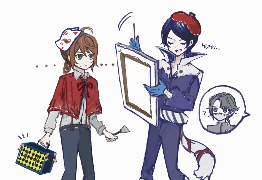aesop_carl beret blue_hair brown_hair canvas_(object) capelet crossover edgar_valden fox_mask gloves hat highres holding holding_brush holding_paintbrush identity_v mask mask_on_head multiple_tails paintbrush painting_(action) persona ponytail red_capelet shirt short_hair single_drill tail tepo69435 white_shirt