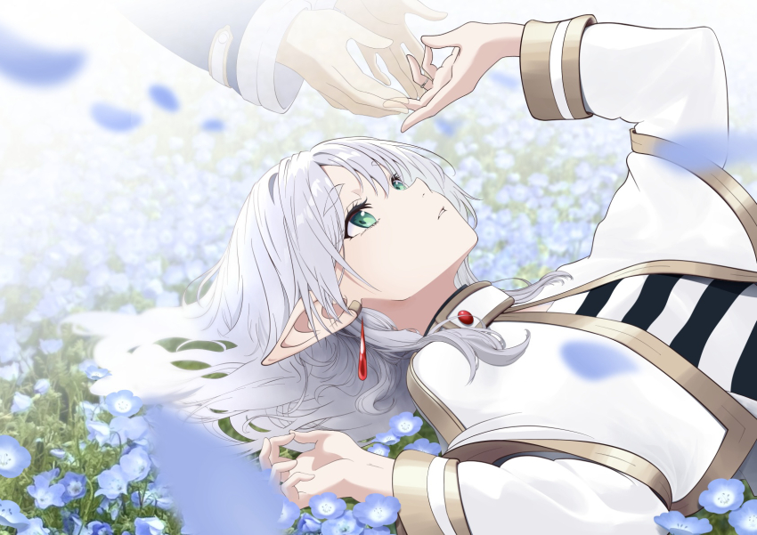 1boy 1girl blue_flower blue_shirt blurry blurry_foreground capelet commentary_request day depth_of_field earrings elf expressionless eyelashes falling_petals field floating_earrings flower flower_field frieren ghost gold_trim green_eyes hair_down hair_spread_out hand_up highres himmel_(sousou_no_frieren) jacket jewelry long_hair long_sleeves lying n_t_(user_ezmk2485) on_back on_ground open_clothes open_jacket out_of_frame outdoors parted_lips petals pointy_ears reaching reaching_towards_another ring shirt sousou_no_frieren striped_clothes striped_shirt teardrop_earrings upper_body white_capelet white_hair white_jacket