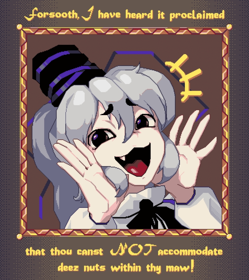 +++ 1girl balls_in_you_jaws_(meme) black_bow black_bowtie black_hat bow bowtie commentary deez_nuts_(meme) early_modern_english_text english_commentary english_text fang grey_hair hat highres long_hair long_sleeves looking_at_viewer meme mononobe_no_futo open_mouth pixel_art purple_eyes shirt smug solo touhou vexkaf white_shirt