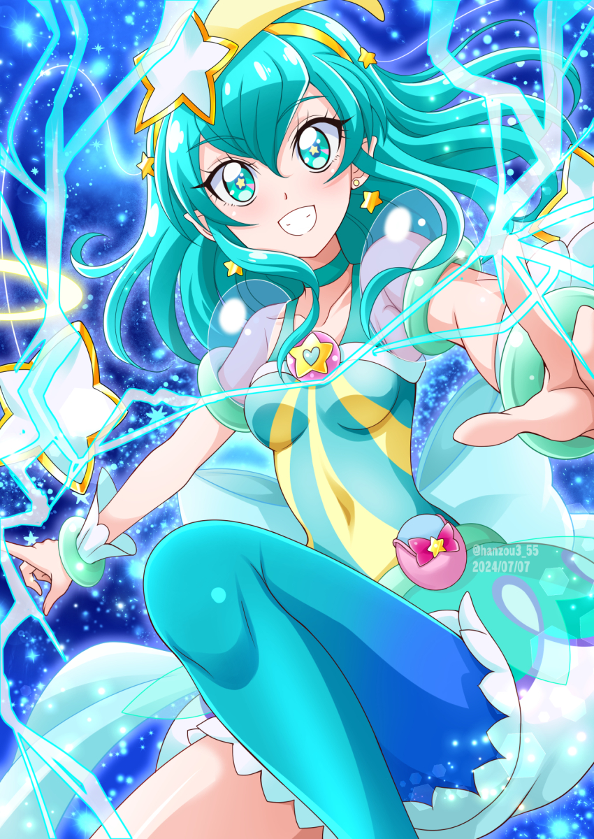 1girl aqua_choker aqua_dress aqua_eyes aqua_hair aqua_pantyhose birthday blue_background blue_hair bracelet breasts bubble_skirt choker cure_milky dress earrings hagoromo_lala hair_ornament hairband hanzou happy_birthday highres jewelry long_hair looking_at_viewer magical_girl pantyhose pointy_ears precure see-through_clothes see-through_sleeves shooting_star_hair_ornament short_sleeves single_leg_pantyhose skirt small_breasts smile solo star-shaped_pupils star_(symbol) star_color_pen star_earrings star_hair_ornament star_in_eye star_twinkle_precure symbol-shaped_pupils symbol_in_eye yellow_hairband