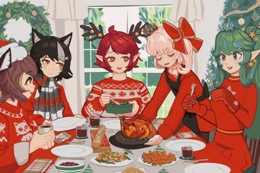 2023 5girls antlers astra_nomi blonde_hair blush butterknife callie_calico carrots christmas closed_eyes coffee cracker crown dinner food fork fridge_(fridgedraws) green_hair hair_ribbon highres hinabobina horns hug indie_virtual_youtuber marimari_(vtuber) multiple_girls pie plate pointy_ears red_hair ribbon sweater toboso_kuroi virtual_youtuber wreath