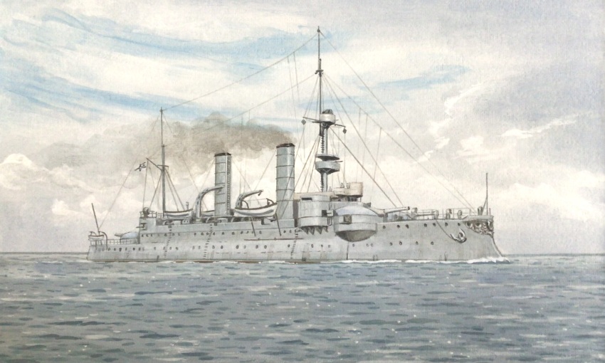 atelier_bono cannon highres imperial_german_navy imperial_war_flag ironclad mast military_vehicle ocean original painting_(medium) ship sky smoke smokestack sms_siegfried traditional_media vehicle_focus warship watercolor_(medium) watercraft