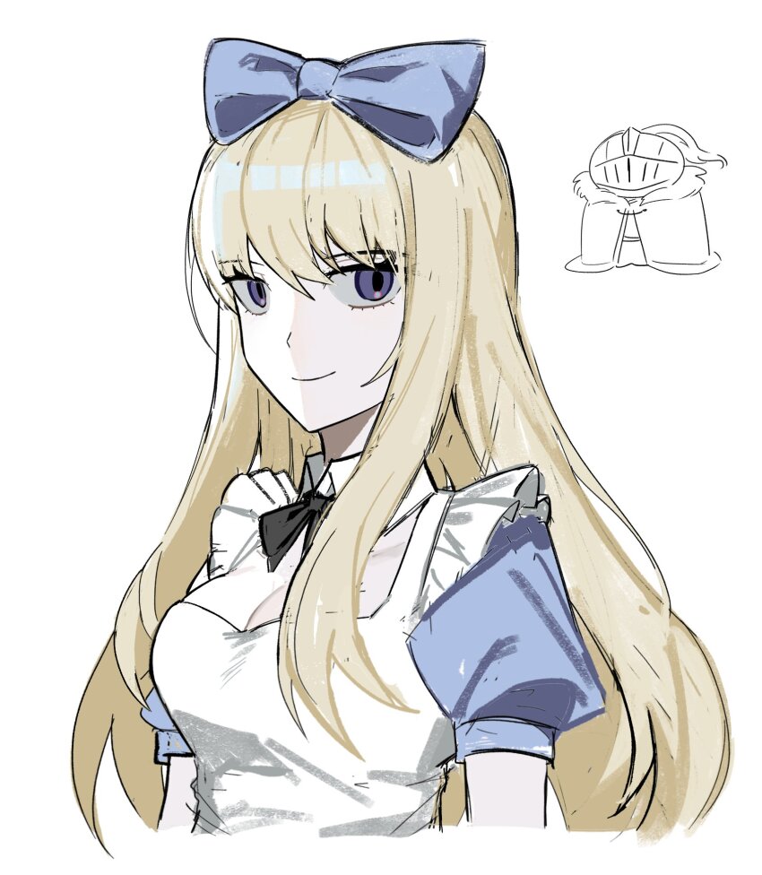 1boy 1girl alice_(black_souls) apron asdf1211950 black_bow black_bowtie black_souls blonde_hair blue_bow bow bowtie closed_mouth detached_collar grimm_(black_souls) hair_bow highres long_hair looking_at_viewer puffy_short_sleeves puffy_sleeves short_sleeves sidelocks simple_background smile white_apron white_background