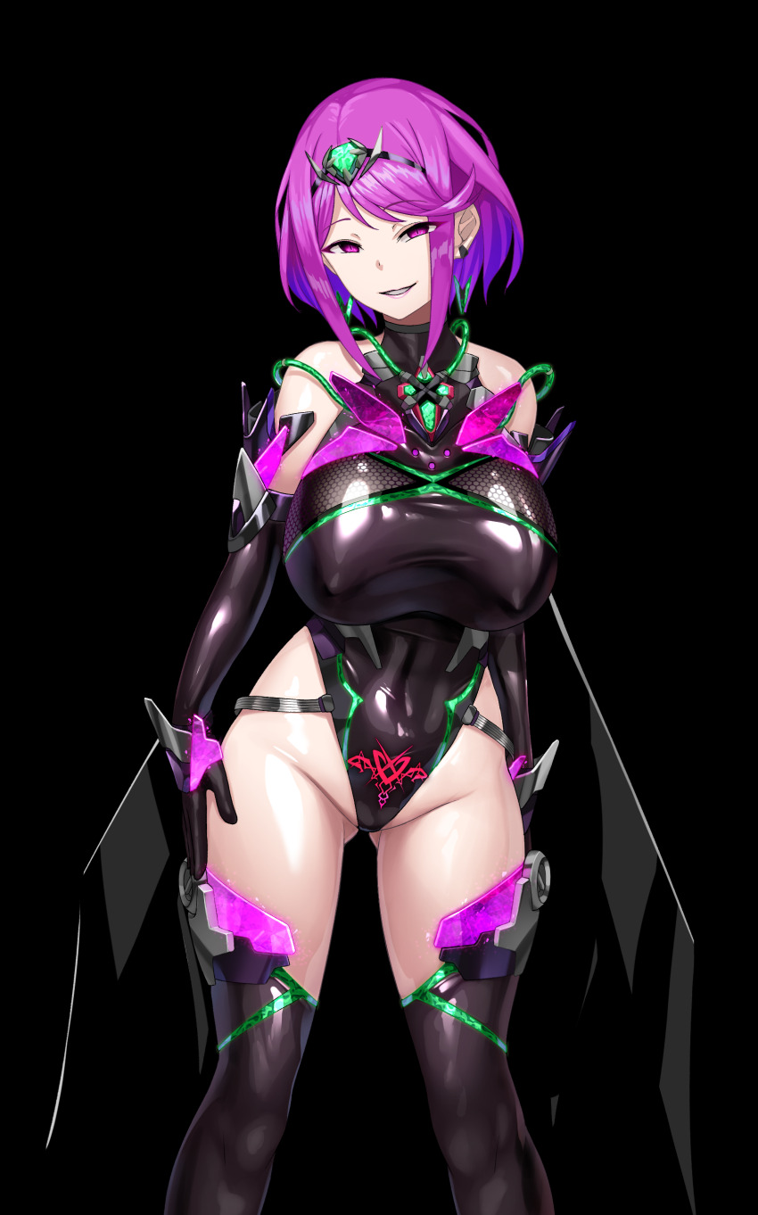 1girl absurdres black_background black_gloves black_leotard boots breasts circlet commentary_request core_crystal_(xenoblade) corruption covered_erect_nipples dark_persona earrings elbow_gloves evil_grin evil_smile gloves gluteal_fold grin half-closed_eyes highleg highleg_leotard highres jewelry large_breasts latex latex_gloves latex_leotard leotard looking_at_viewer medium_hair miyashiro_ryuutarou purple_eyes purple_hair pyra_(xenoblade) simple_background smile solo teeth thigh_boots xenoblade_chronicles_(series) xenoblade_chronicles_2