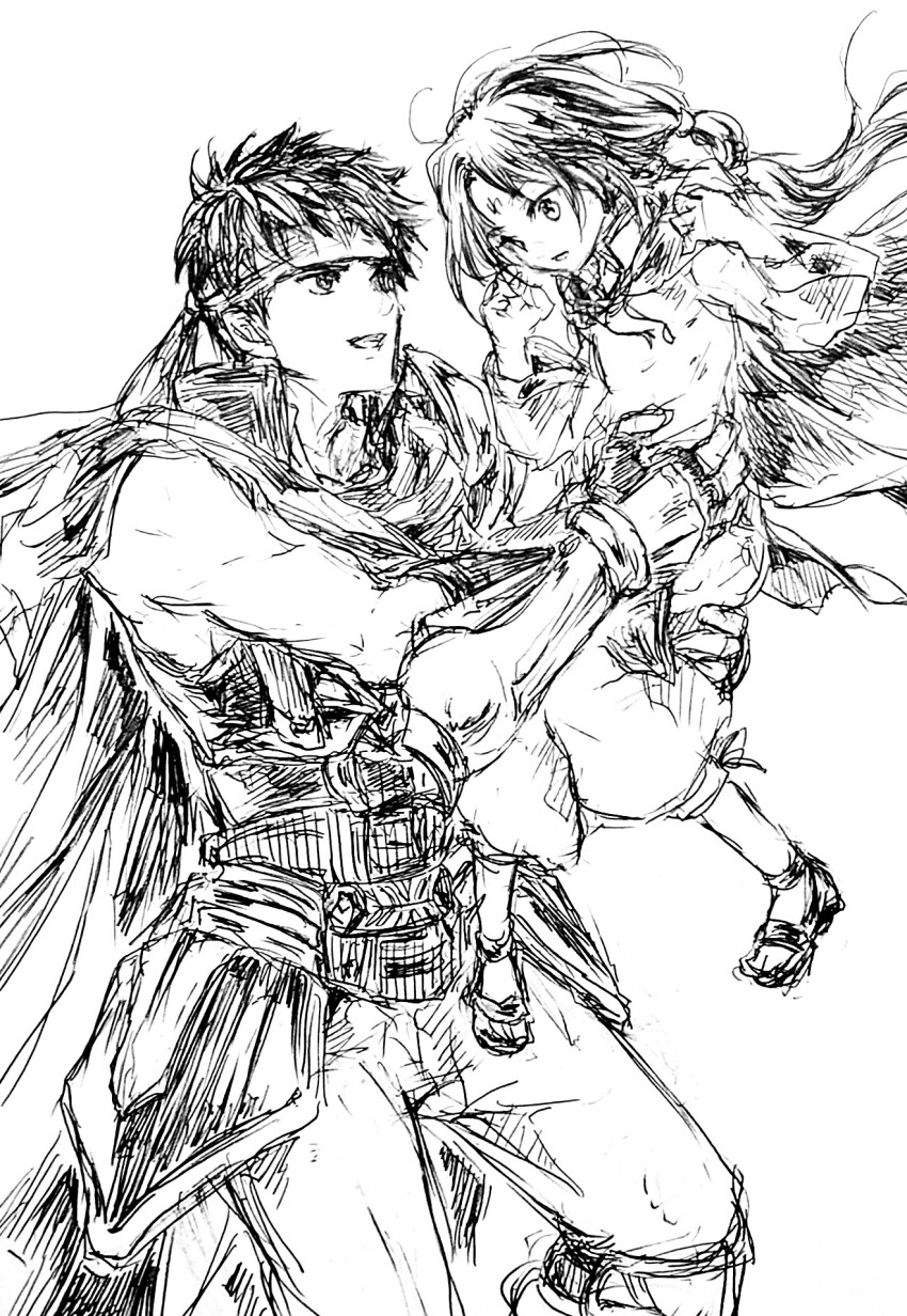 2boys aged_down carrying carrying_person child child_carry commentary_request facial_mark fire_emblem fire_emblem:_path_of_radiance fire_emblem:_radiant_dawn fire_emblem_heroes forehead_mark headband highres ike_(fire_emblem) ike_(vanguard_legend)_(fire_emblem) jelly_(hnt1111) long_hair male_focus monochrome multiple_boys nintendo sandals short_hair sketch soren_(fire_emblem) soren_(hushed_voice)_(fire_emblem)