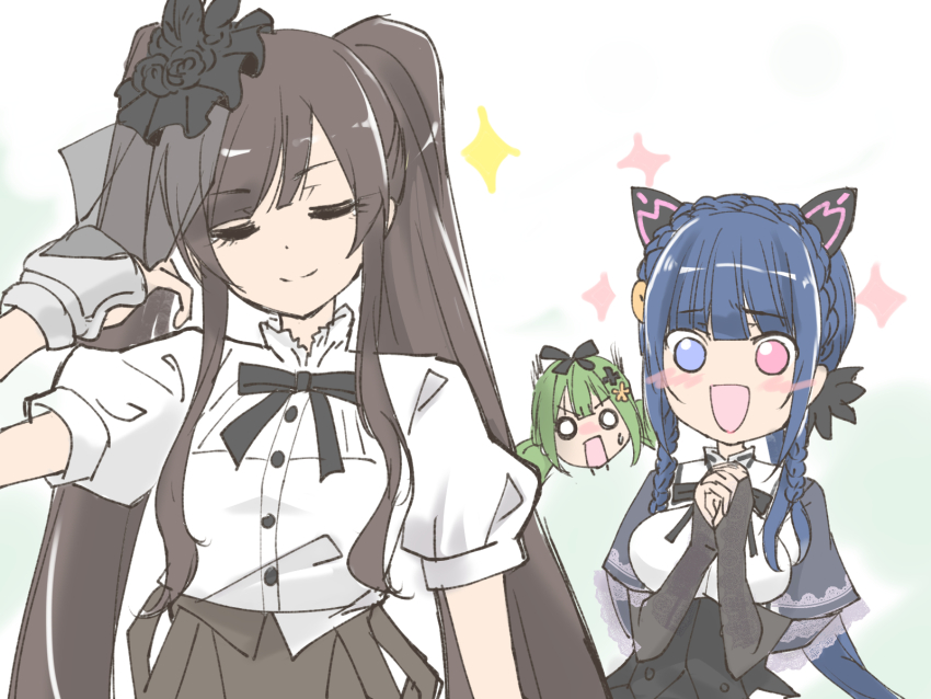 3girls :d animal_ears arm_at_side assault_lily black_capelet black_flower black_ribbon black_skirt blue_eyes blue_hair blunt_bangs blush braid breasts brown_hair capelet cat_ears chibi chibi_inset closed_eyes closed_mouth commentary_request crown_braid facing_viewer fake_animal_ears flower frilled_shirt_collar frills green_background green_hair hair_flower hair_ornament hair_ribbon hand_in_own_hair hand_up head_only heterochromia high-waist_skirt highres interlocked_fingers kamigoori_marimo lace-trimmed_capelet lace_trim long_hair long_sleeves looking_at_another low_twin_braids low_twintails mechanical_ears medium_breasts multiple_girls neck_ribbon no_pupils nose_blush o_o open_mouth own_hands_together pink_eyes puffy_short_sleeves puffy_sleeves rectangular_mouth ribbon school_uniform shirt short_sleeves sidelocks skirt sleeves_past_wrists smile sparkle standing sweatdrop tetsukawa_toa twin_braids twintails two-tone_background ueda_imari underbust upper_body urutsu_sahari v-shaped_eyebrows vambraces very_long_hair white_background white_shirt yellow_flower yurigaoka_girls_academy_school_uniform