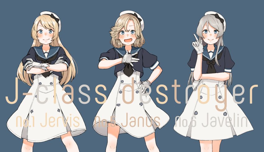 3girls absurdres blonde_hair blue_eyes blue_sailor_collar braid dress gloves grey_hair half_up_braid hat highres janus_(kancolle) javelin_(kancolle) jervis_(kancolle) kantai_collection long_hair multiple_girls sailor_collar sailor_dress sailor_hat short_hair short_sleeves tamaki. white_dress white_gloves white_hat