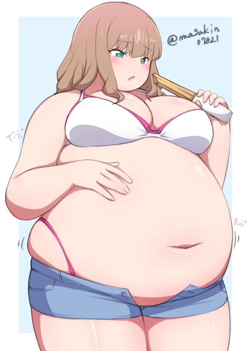 1girl absurdres big_belly bikini blush breasts brown_hair churro cleavage eating fat fat_woman green_eyes gridman_universe gridman_universe_(film) hand_on_own_stomach highleg highleg_bikini highres large_breasts masakin medium_hair minami_yume navel obese open_mouth pink_bikini short_shorts shorts skindentation solo standing swimsuit unbuttoned_pants white_bikini