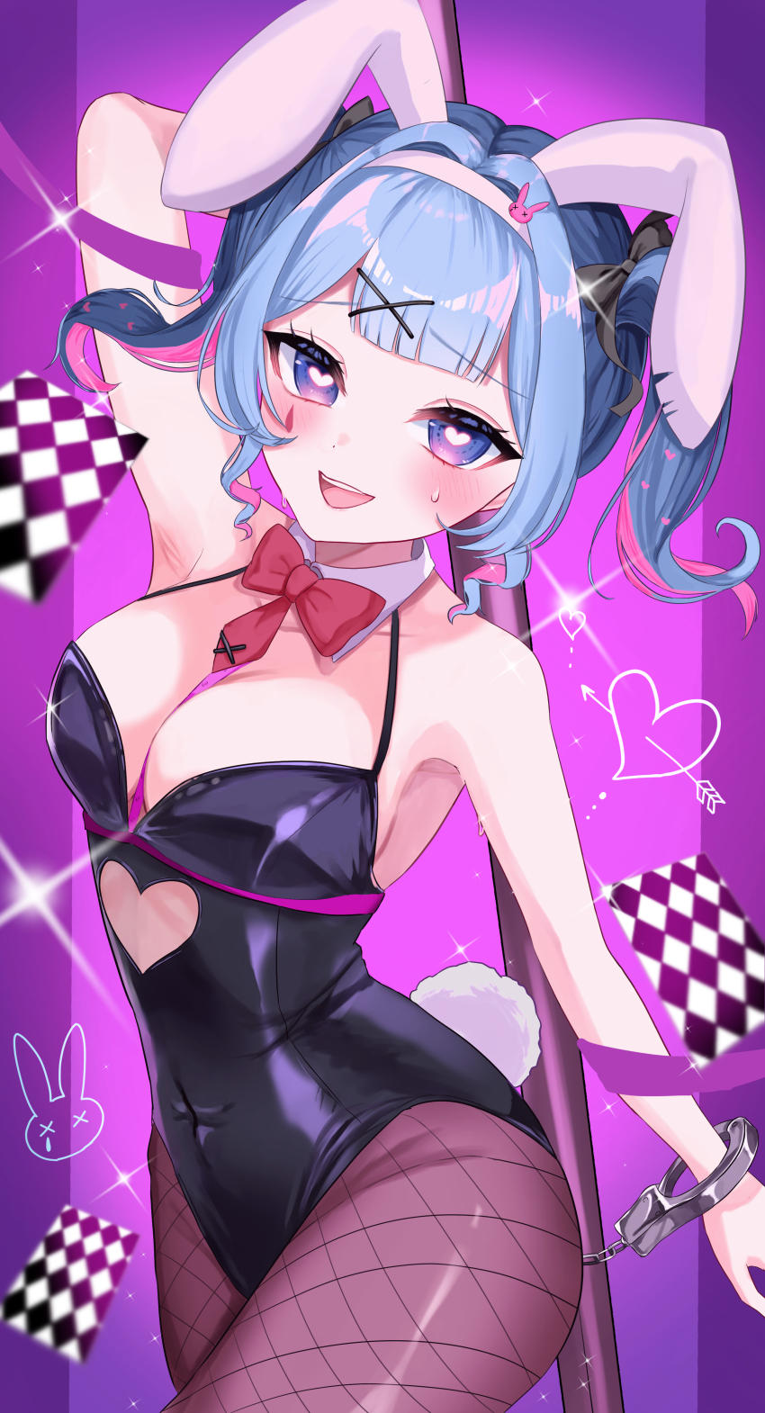 1girl absurdres alternate_breast_size animal_ears aqua_hair arm_up armpits bare_shoulders black_bow black_leotard blush bow breasts card cleavage collarbone covered_navel cuffs detached_collar fake_animal_ears fake_tail fishnet_thighhighs fishnets hair_bow hair_intakes hair_ribbon handcuffs hatsune_miku heart heart-shaped_pupils highres katouomochi large_breasts leotard long_hair miku_day multicolored_hair official_alternate_costume official_alternate_hairstyle open_mouth pink_hair playboy_bunny purple_eyes rabbit_hole_(vocaloid) red_bow ribbon smile solo sweat symbol-shaped_pupils tail thighhighs twintails vocaloid