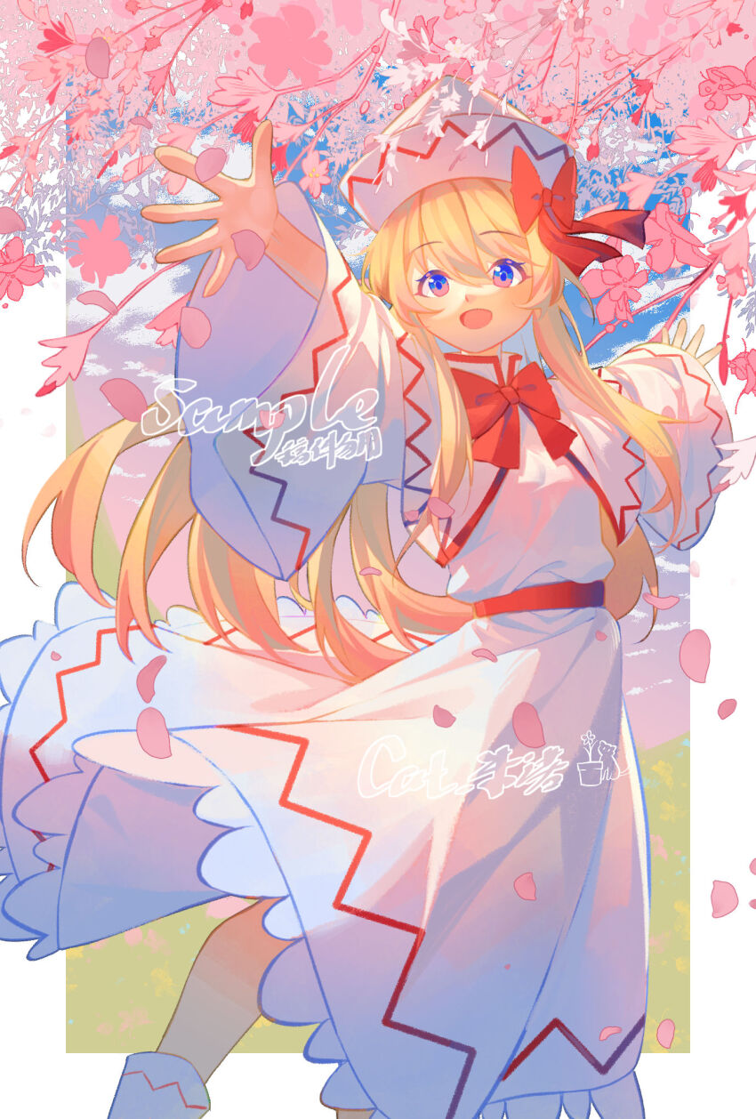 1girl blonde_hair blue_eyes bow bowtie capelet cherry_blossoms chinese_commentary commentary_request dress falling_petals hat hat_bow highres lily_white long_hair long_sleeves minuo multicolored_eyes open_mouth petals pink_eyes pink_petals red_bow red_bowtie sample_watermark smile solo touhou two-tone_eyes very_long_hair watermark white_capelet white_dress white_hat wide_sleeves