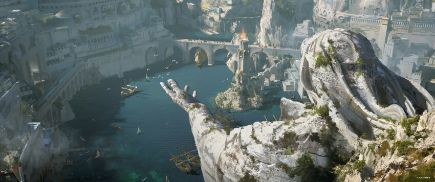 absurdres bird bridge canyon city cliff fantasy fire from_behind highres mountain no_humans numenor official_art outstretched_hand renart rings_of_power river scenery statue tolkien&#039;s_legendarium trireme watercraft watermark