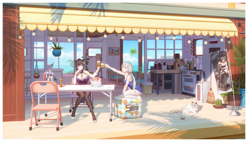2girls absurdres alcohol animal_ears anniversary arm_garter bad_id bad_pixiv_id bamboo banner beer beer_bottle beer_mug bigxixi birthday_cake black_hair black_thighhighs blue_one-piece_swimsuit blush border box bracelet breasts broom butterfly_ornament cactus cake cat chair chinese_commentary cleavage cloud collarbone copyright_request crab cup drawing fake_animal_ears figure flower folding_chair food garter_straps glasses gundam gundam_seed hair_ornament hairclip high_heels highres holding holding_cup horizon jewelry kneeling large_breasts long_hair medium_breasts mug multiple_girls ocean one-piece_swimsuit open_mouth original plate purple_flower red_eyes shadow sidelocks sitting strike_gundam string_of_light_bulbs summer swimsuit teeth thighhighs toasting_(gesture) tree_shade water white_border white_footwear white_hair white_thighhighs window