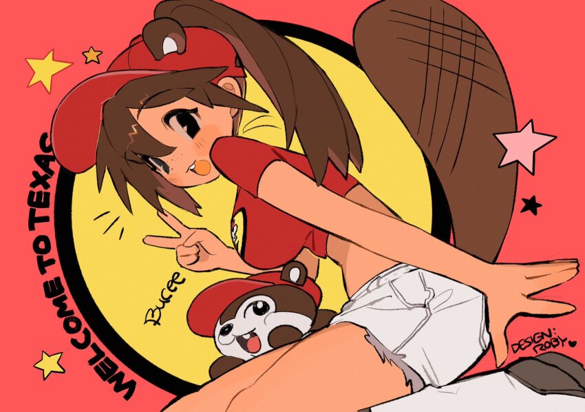 1girl animal animal_ears baseball_cap beaver beaver_ears beaver_tail black_eyes blush blush_stickers breasts brown_hair buc-ee&#039;s buc-ee&#039;s_beaver buck_teeth company_name copyright_name english_text freckles from_side hair_between_eyes hat high_ponytail highres large_breasts logo long_hair looking_at_viewer mascot open_mouth original ponytail red_hat red_shirt shirt short_shorts short_sleeves shorts solo soreeyu_(sore-yu) star_(symbol) t-shirt tail teeth texas torn_clothes torn_shorts upper_teeth_only v white_shorts