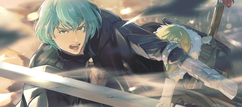 2boys arm_up armor armored_gloves black_armor black_cape black_gloves black_shirt blonde_hair male_byleth_(enlightened)_(fire_emblem) male_byleth_(fire_emblem) cape commentary_request father_and_son fire_emblem fire_emblem:_three_houses fur_trim gauntlets gloves gorget green_eyes green_hair highres holding holding_sword holding_weapon jeralt_reus_eisner kneeling light_particles male_focus multiple_boys nintendo open_mouth shield shield_on_back shirt sword teeth tongue un_faro upper_body upper_teeth_only weapon white_fur