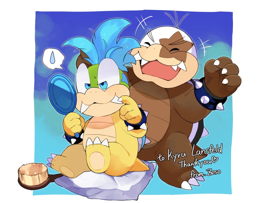 2boys :d absurdres artist_name blue_background blue_eyes bracelet cheering closed_eyes hair_brush hand_mirror highres holding holding_mirror jewelry larry_koopa lzesmelt mario_(series) mirror morton_koopa_jr. multiple_boys nintendo open_mouth sitting smile spiked_bracelet spikes spoken_sweatdrop super_mario_bros._3 sweatdrop thank_you