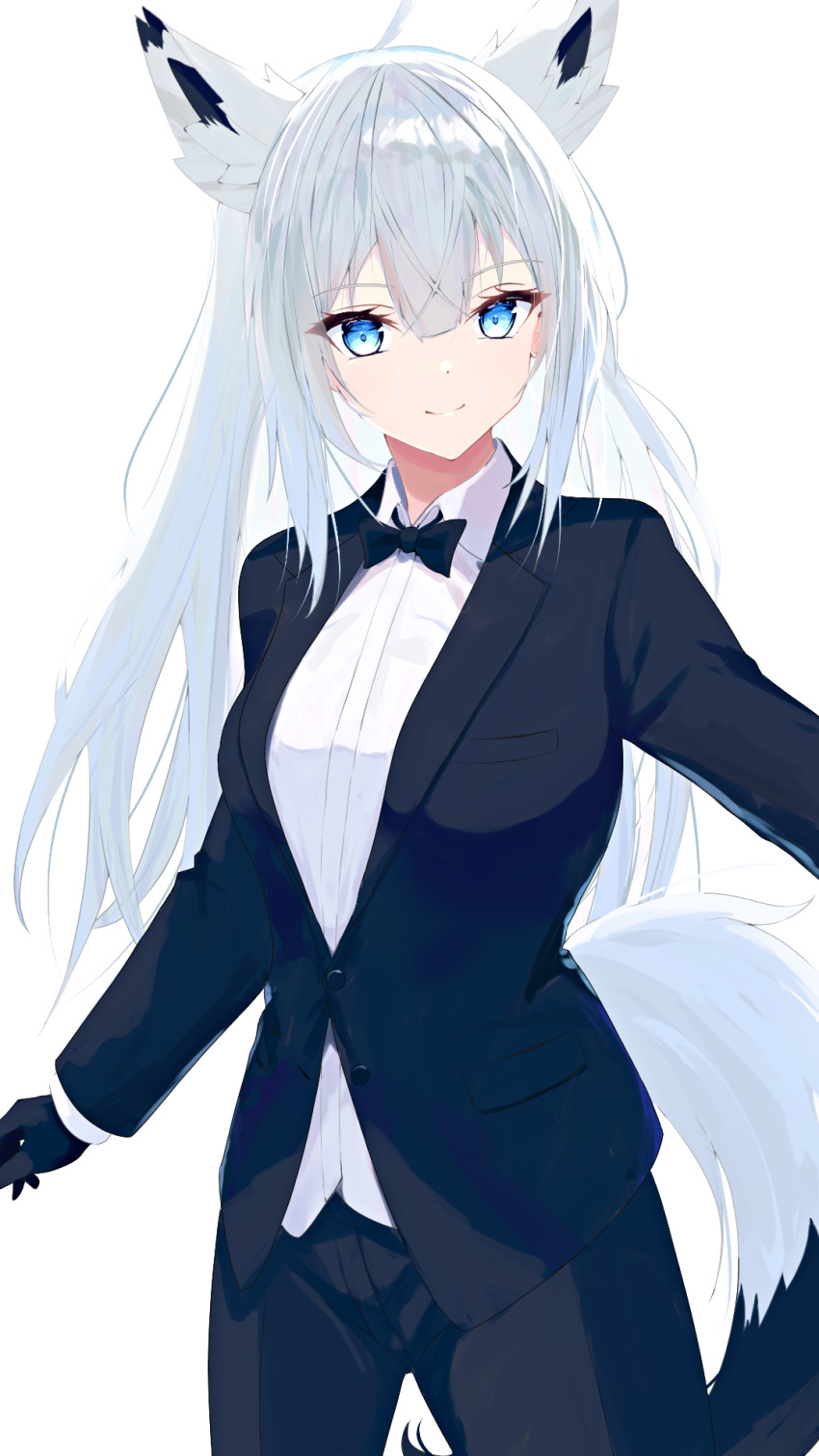 1girl ahoge animal_ear_fluff animal_ears azur_lane black_bow black_bowtie black_gloves black_jacket black_pants blue_eyes bow bowtie breasts closed_mouth collared_shirt commentary_request cowboy_shot dress_shirt formal_clothes fox_ears fox_girl fox_tail gloves hair_between_eyes highres jacket kawakaze_(azur_lane) lapels long_hair long_sleeves looking_at_viewer natsuki_(natsu_1936) notched_lapels pants shirt simple_background smile solo suit suit_jacket tail tuxedo white_background white_hair white_shirt