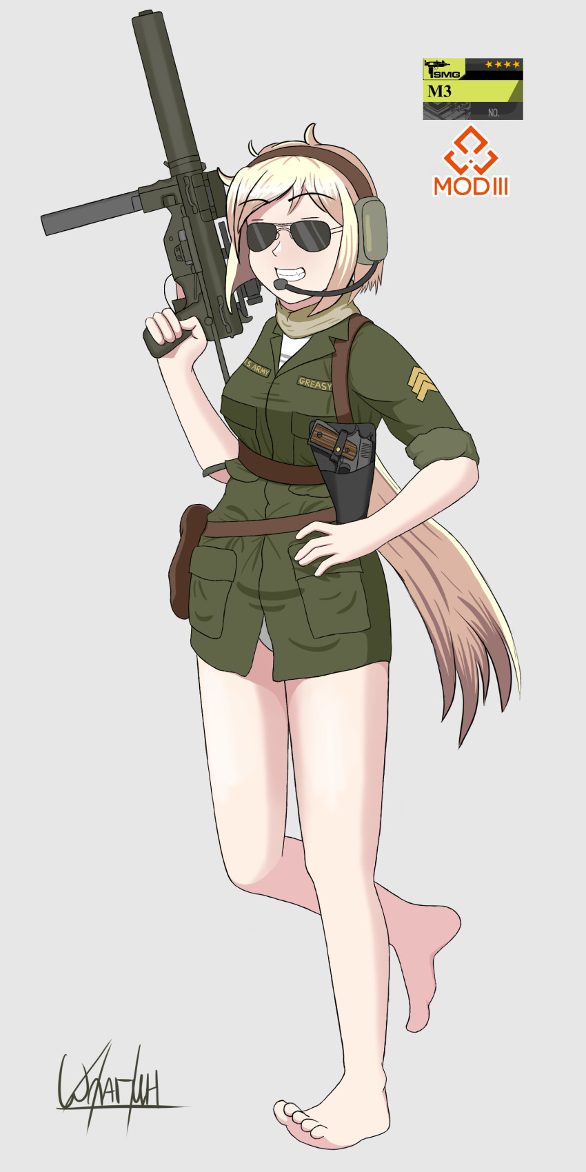 absurdres aviator_sunglasses barefoot blonde_hair fang girls&#039;_frontline grin gun handgun headphones headset highres long_hair m1911 m3_(girls&#039;_frontline) m3_submachine_gun no_pants panties shirt shpagin41 silcener smile submachine_gun sunglasses suppressor trigger_discipline underwear weapon white_panties