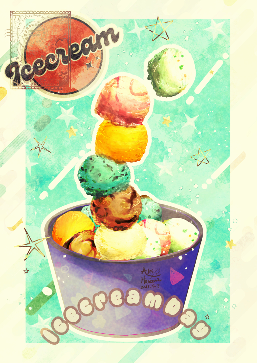 airihanezora artist_name clip_studio_paint_(medium) commentary_request cup food food_focus food_name highres ice_cream ice_cream_cup mint_chocolate mint_chocolate_(razschi) multiple_scoops no_humans original too_many too_many_scoops