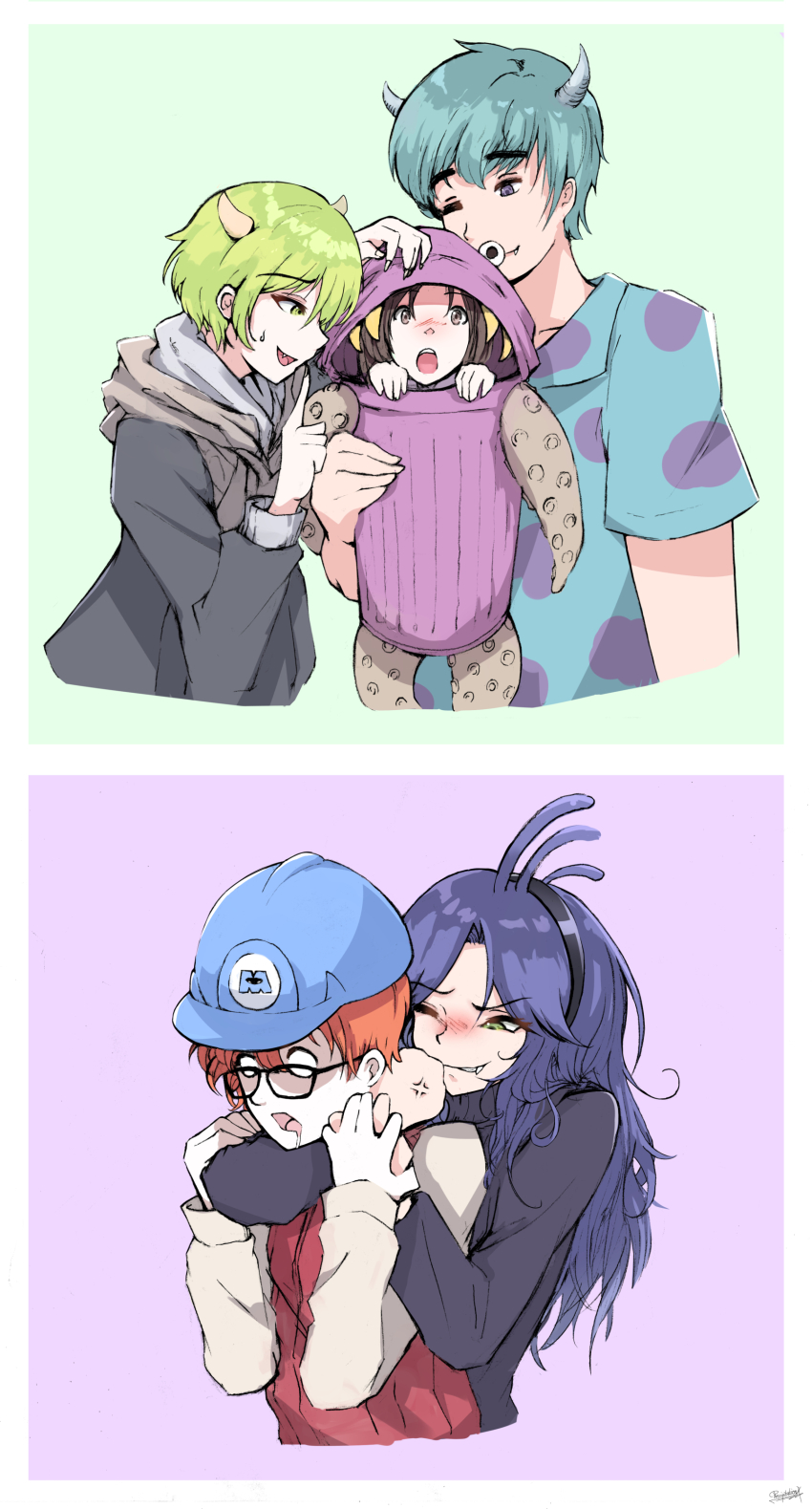 2girls 3boys absurdres animification boo_(monsters_inc.) fungus_(monsters_inc.) genderswap green_hair highres humanization james_p._sullivan long_hair male_focus mike_wazowski monsters_inc. multiple_boys multiple_girls personification purple_hair randall_boggs sharp_teeth short_hair simple_background smile teeth user_hjst2287